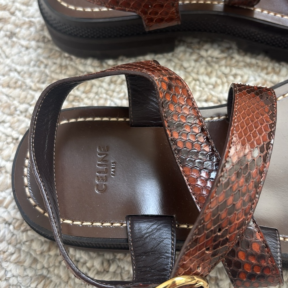 CELINE python Strappy Sandals with Gold Buckle - Picture 2 of 10